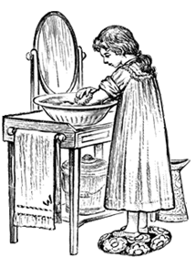 old-fashioned drawing of girl washing in sink