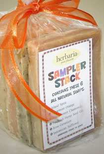 a key identifies the six varieties in the soap sampler stack photo